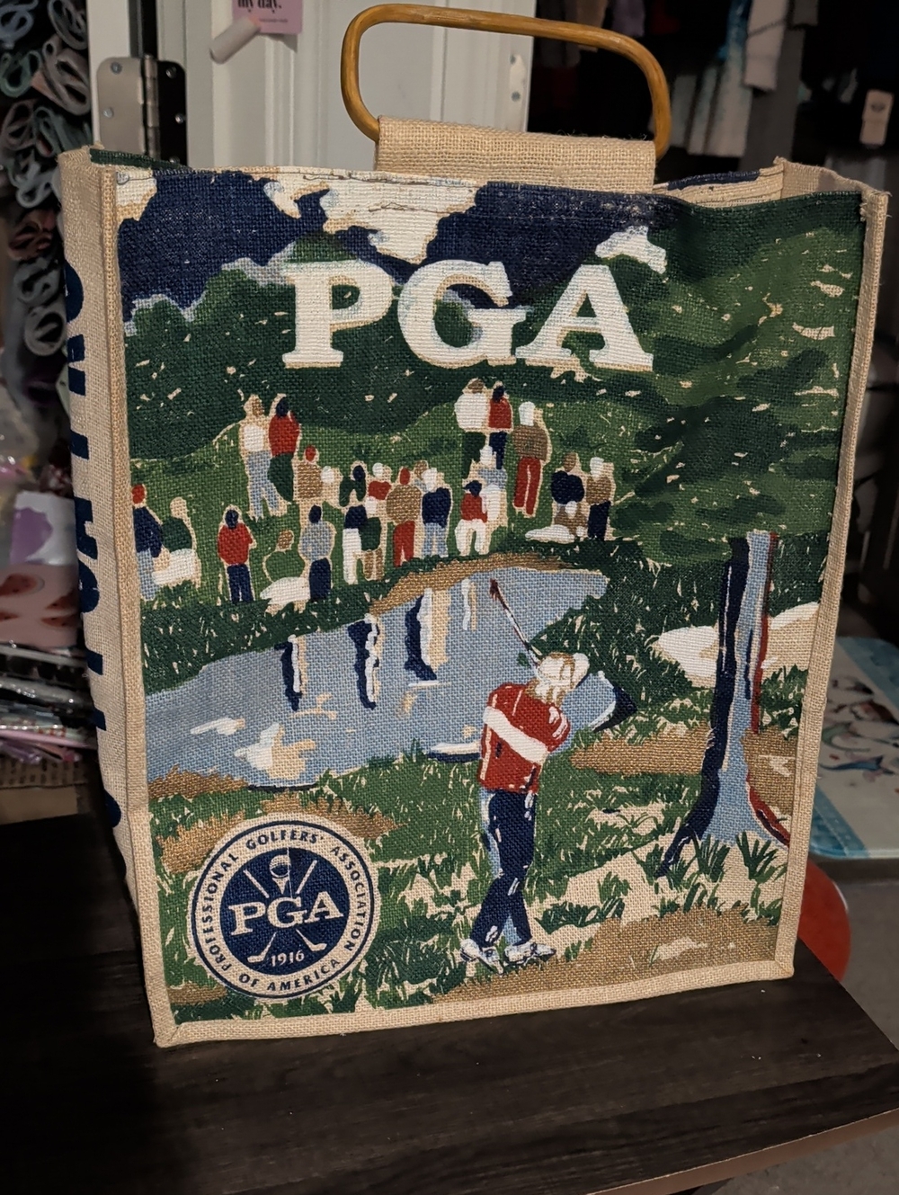 Golf Themed Canvas Tote Bag with Bamboo Handle - Picture 1 of 7